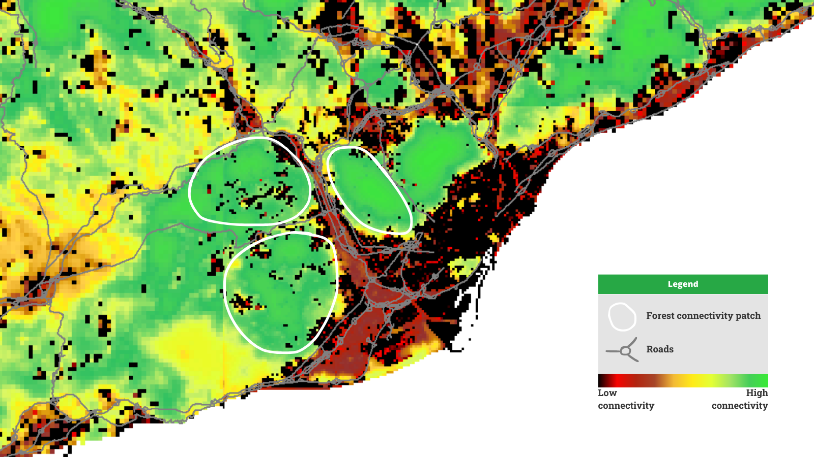 Example of connectivity map in the area of Barcelona. Image generated using MiraMon.